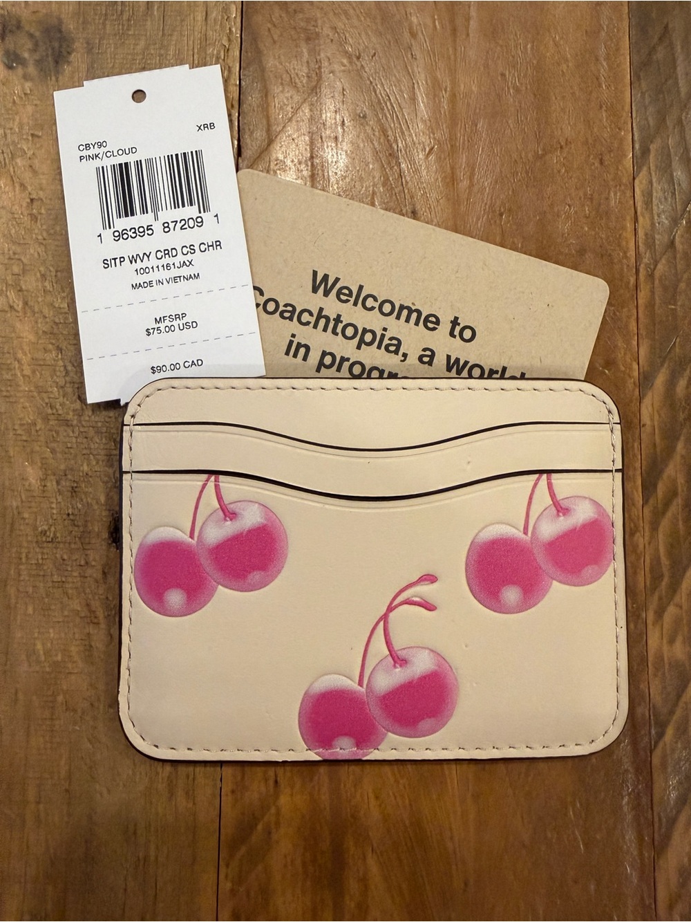 Coach Cream Card Case with Pink Cherry Print